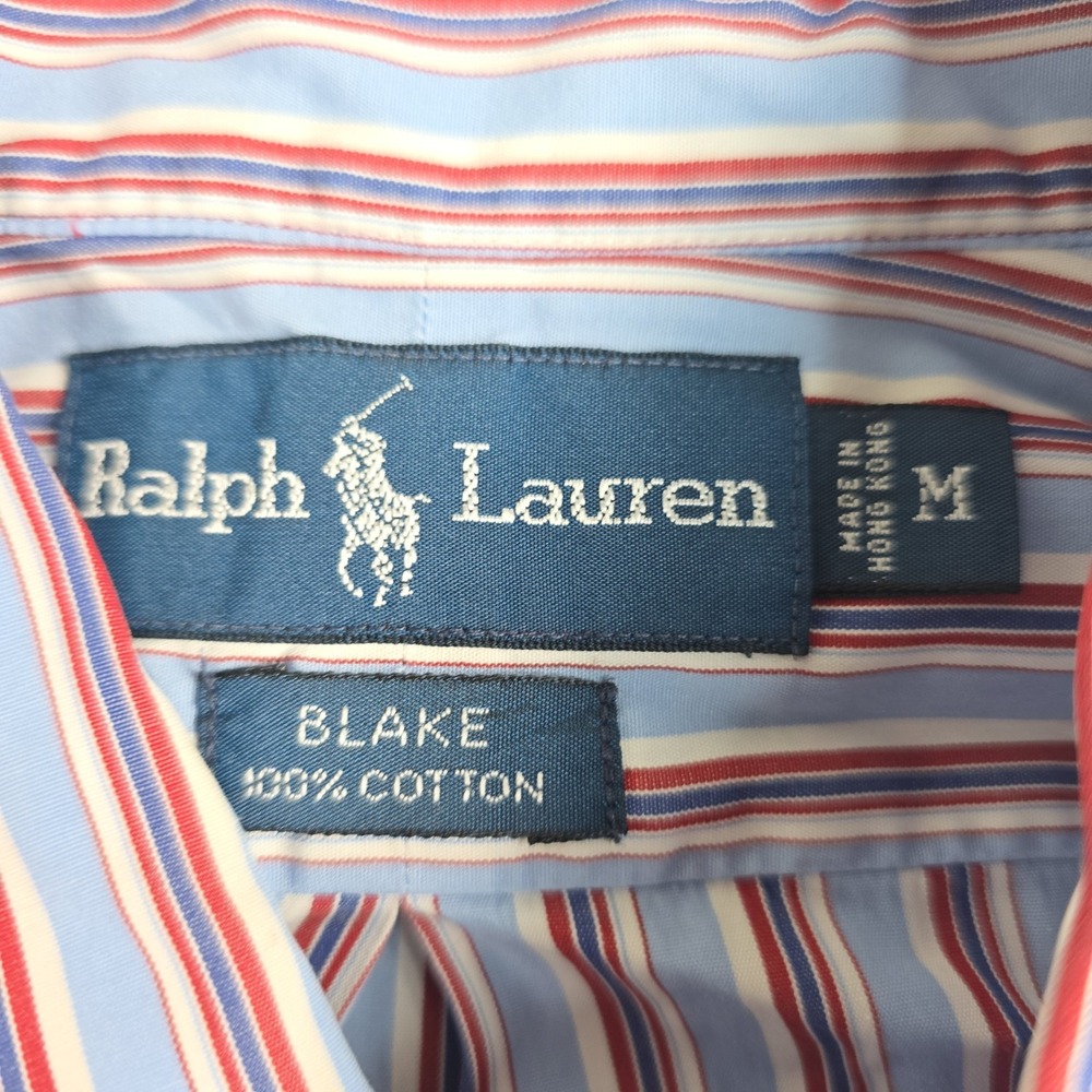 Vintage Ralph Lauren Blake Mens Medium Blue Red Striped Cotton Button Down Shirt - Picture 4 of 10